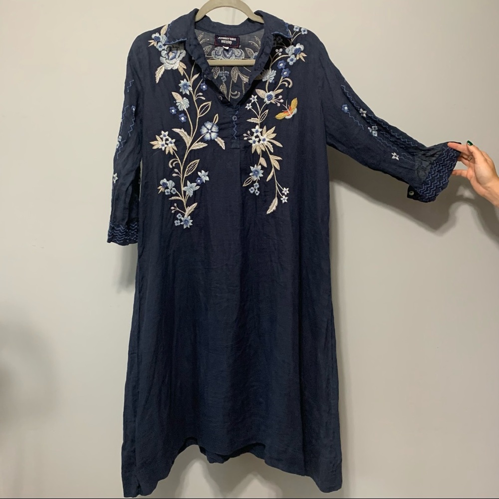 JOHNNY WAS WORKSHOP LINEN EMBROIDERED TUNIC DRESS